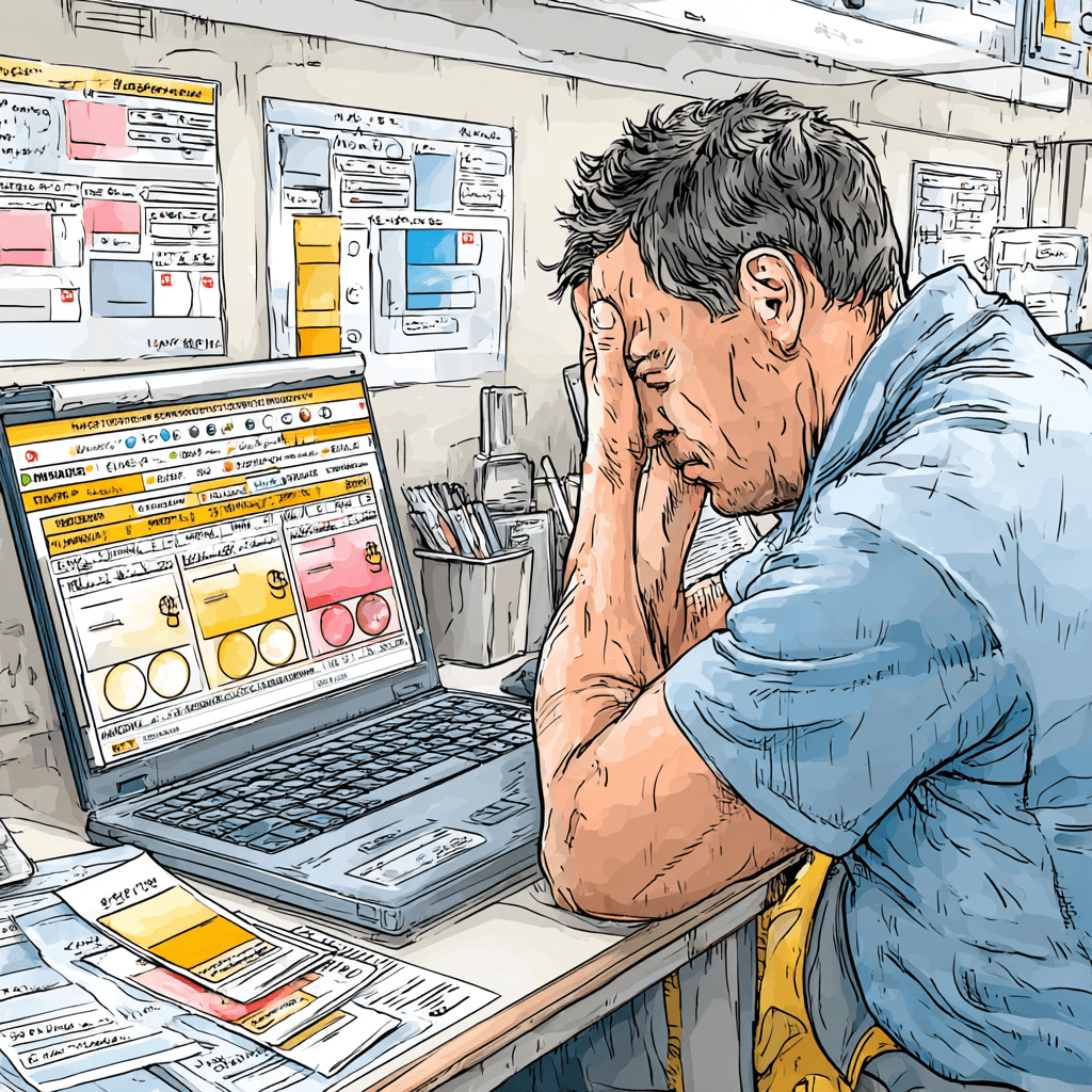 Frustrated contractor dealing with tech chaos