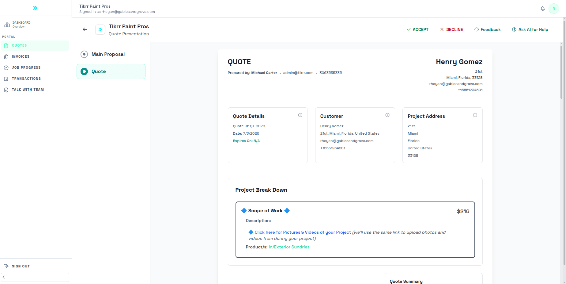 TIKRR customer portal — job tracking, proposals, and client messaging