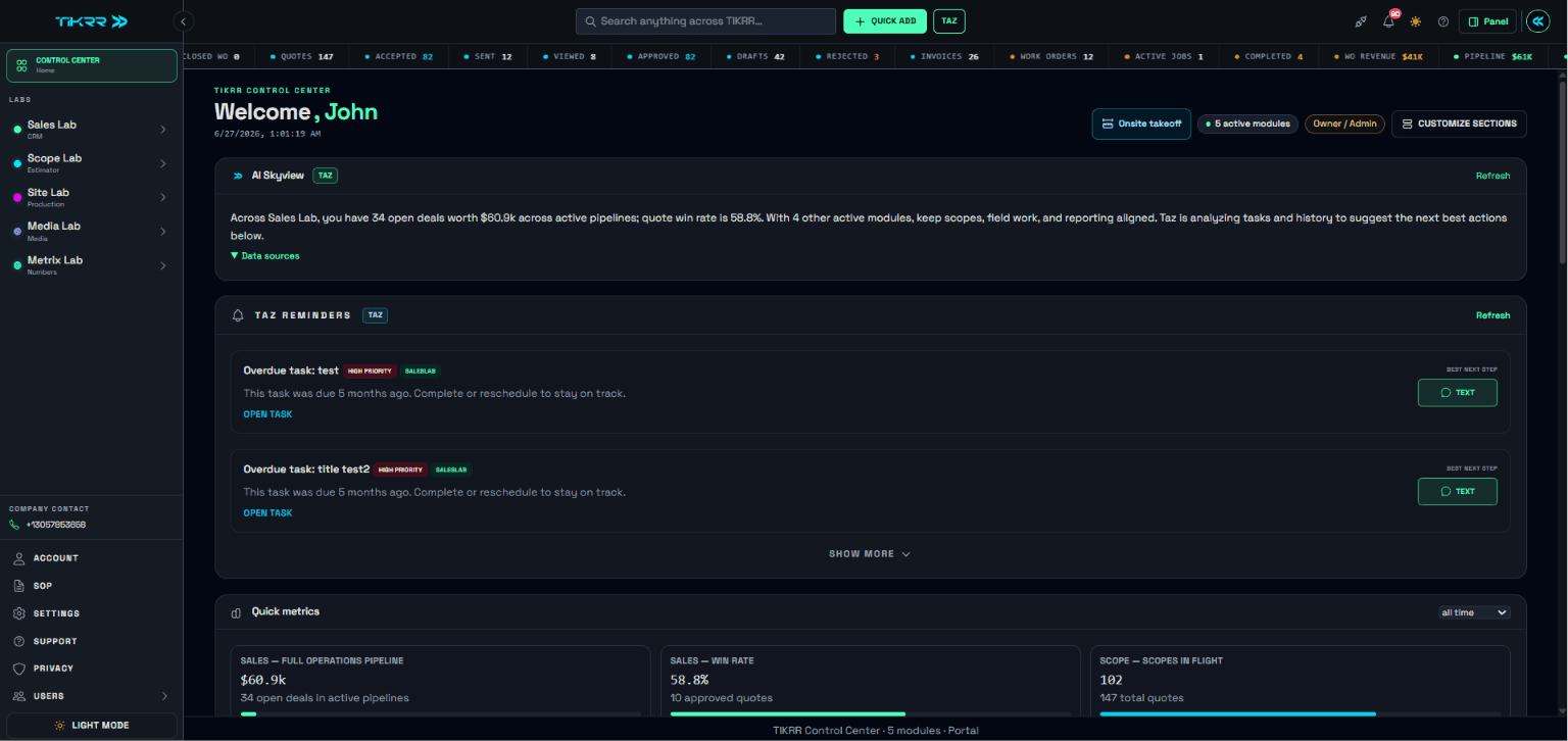 TIKRR platform overview — dashboard and modules